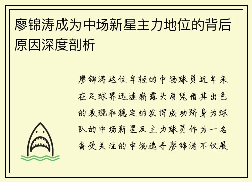廖锦涛成为中场新星主力地位的背后原因深度剖析