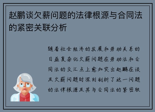赵鹏谈欠薪问题的法律根源与合同法的紧密关联分析