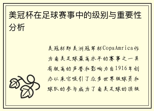 美冠杯在足球赛事中的级别与重要性分析 美冠杯在足球赛事中的级别与重要性分析